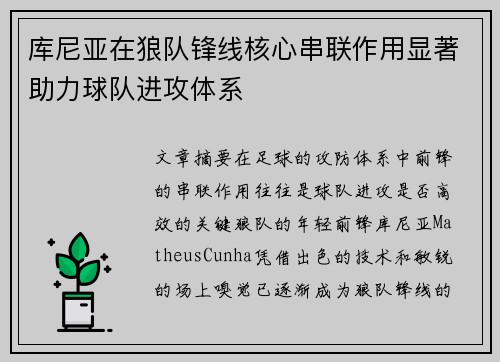 库尼亚在狼队锋线核心串联作用显著助力球队进攻体系