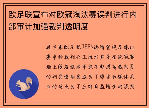 欧足联宣布对欧冠淘汰赛误判进行内部审计加强裁判透明度